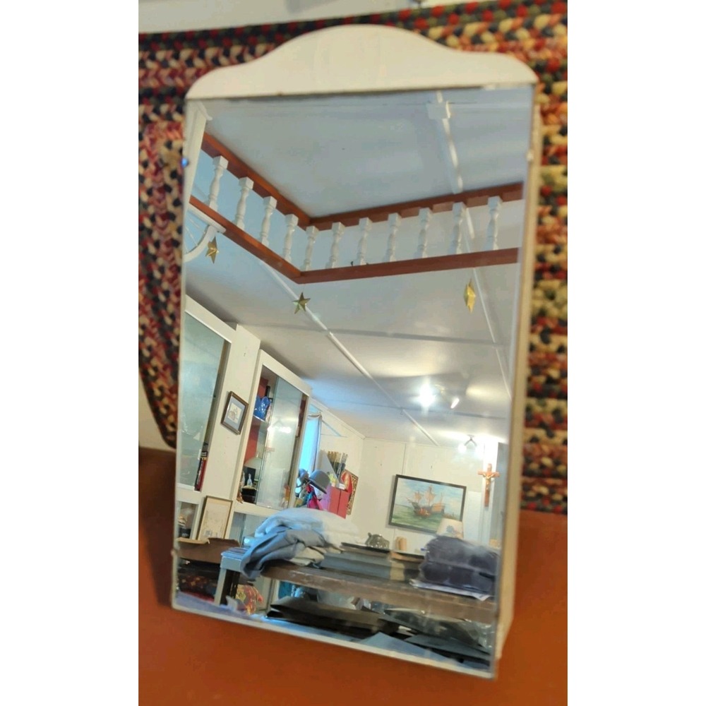 Vintage Cream Color Paint Decorative Tin Metal Storage Vanity 3 Shelf & Mirror